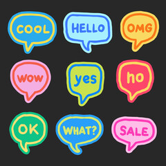 Collection Of Cool Speach Bubbles Stickers. Cartoon Style Comic Speak Cloud Vector Design.