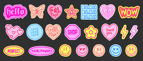 Collection of Cool Cute Hand Drawn Stickers Vector Design. Trendy Girly Patches Collection. Smile Emotions.. - obrazy, fototapety, plakaty