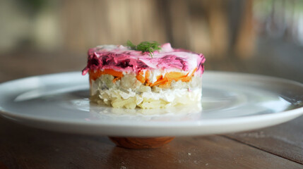 Traditional Russian salad with beetroot and herring vegetables, lying on a wooden table in a white plate