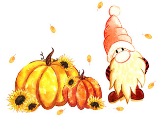 Autumn gnome watercolor illustration