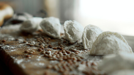 Russian fresh handmade dumplings lying on the wooden table on the cutting board