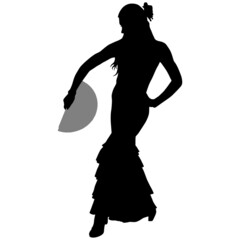 Silhouette of slender flamenco dancer in beautiful dress and fan in her hand