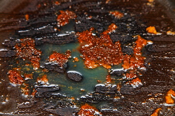 Frying pan with a pattern of greasy and oily spots. Dark background with abstract food pattern. The texture of the oil surface for the background. 