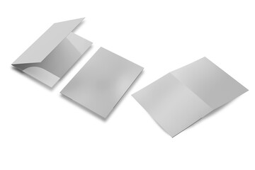 Empty blank cardboard paper open folder with letterheads inside. Front and back cover presentation. Mock up isolated on a white background. 3d rendering.