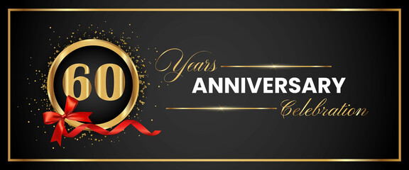 60 Years Anniversary Celebration Gold and Black Color Vector. anniversary celebration logotype with elegant modern number gold color for celebration, gold anniversary celebration, bow, ribbon, luxury.
