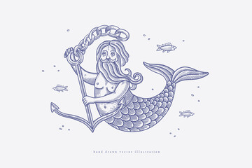 Hand-drawn male mermaid with anchor in engraving style. Medieval mythical creature symbol of the sea. Fantasy character for card design, logo, label, tattoo. Vintage illustration.