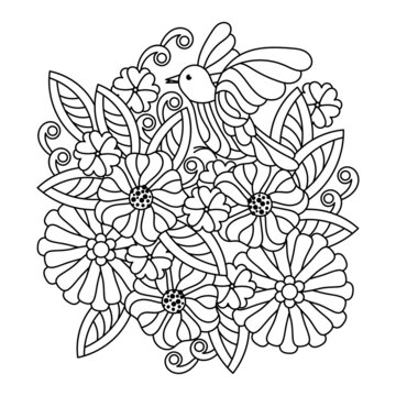 Flowers and bird for adult coloring book page. Floral pattern