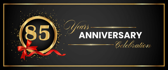 85 Years Anniversary Celebration Gold and Black Color Vector. anniversary celebration logotype with elegant modern number gold color for celebration, gold anniversary celebration, bow, ribbon, luxury.