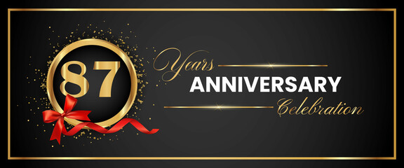 87 Years Anniversary Celebration Gold and Black Color Vector. anniversary celebration logotype with elegant modern number gold color for celebration, gold anniversary celebration, bow, ribbon, luxury.