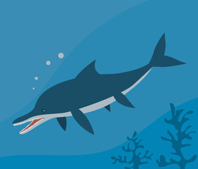 Prehistoric underwater dinosaur ichthyosaurus with fins. Predatory sea pangolin. Scary jaws with teeth. Wildlife of the Jurassic period. Vector illustration