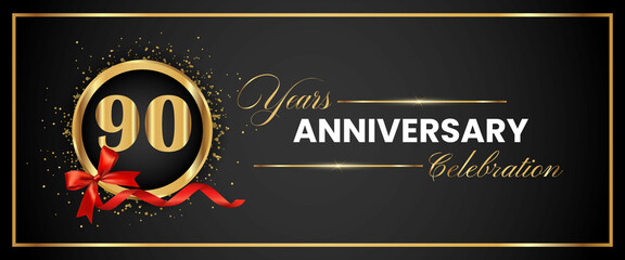 90 Years Anniversary Celebration Gold and Black Color Vector. anniversary celebration logotype with elegant modern number gold color for celebration, gold anniversary celebration, bow, ribbon, luxury.