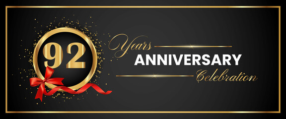 92 Years Anniversary Celebration Gold and Black Color Vector. anniversary celebration logotype with elegant modern number gold color for celebration, gold anniversary celebration, bow, ribbon, luxury.