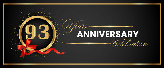 93 Years Anniversary Celebration Gold and Black Color Vector. anniversary celebration logotype with elegant modern number gold color for celebration, gold anniversary celebration, bow, ribbon, luxury.