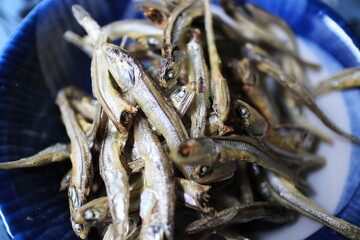 皿に入った煮干しのアップ