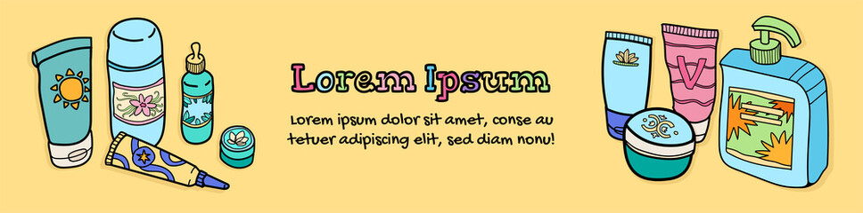 Doodle skincare cosmetic bottles banner. Hand drawn beauty treatment cream, cleansing gel, skin serum, sunscreen. Korean makeup cosmetic set on yellow background. Healthcare beauty