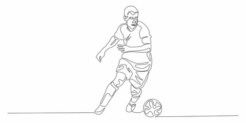 Football, soccer player kicking ball, side view. Isolated vector black and white one continuous line silhouette. Silhщuette of football or soccer defender, striker or goalkeeper. Vector clipart 