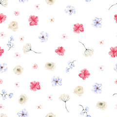 Watercolor seamless pattern with hand draw flowers and leaves, isolated on white background