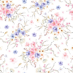 Watercolor seamless pattern with hand draw flowers and leaves, isolated on white background
