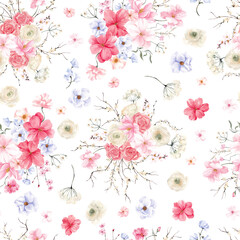Watercolor seamless pattern with hand draw flowers and leaves, isolated on white background