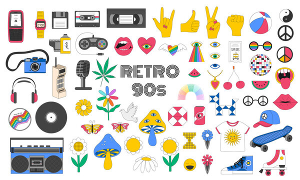 A set of retro symbols of the 90s. Gestures, tape recorder, clothes, flowers, videos, old cell phone. Nostalgia for the 90s. Bright colored vector illustrations isolated on a white background