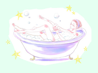 お風呂で体を洗う女性