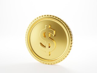 Golden dollar coin 3D on white background.