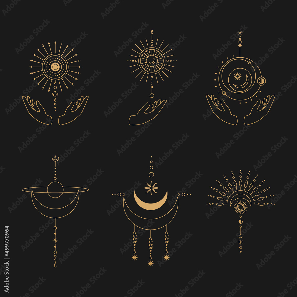 Wall mural set of moon and sun line art. minimal boho linear symbols. celestial mystic element. vector line art