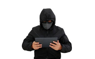 Anonymous hooded hackers using tablet to hacking data isolated over white background. Image with...