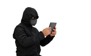 Anonymous hooded hackers using tablet to hacking data isolated over white background
