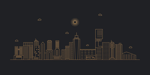Fototapeta premium Cityscape. Modern flat line landscape vector. City landscape line art illustration with building, tower, skyscrapers. Vector illustration.