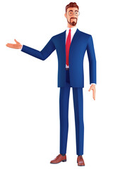 3d Cheerful businessman brunette man in glasses wearing a blue suit, showing empty copy space on open hand palm for text. Front view. Minimal stylized art style. 3d render on white background.