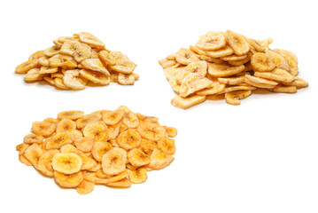Banana chips isolated on a white background. Dehydrated banana.
