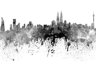 Kuala Lumpur skyline in black watercolor on white background