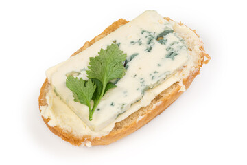 Open sandwich with blue cheese and butter on white background