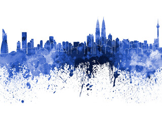 Kuala Lumpur skyline in blue watercolor on white background