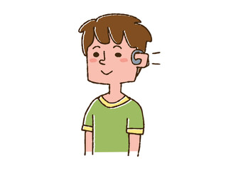 補聴器をつけている男の子　コミカルな手書きの人物　ベクター、線画にカラー