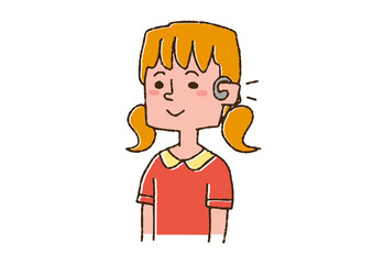補聴器をつけている女の子　コミカルな手書きの人物　ベクター、線画にカラー