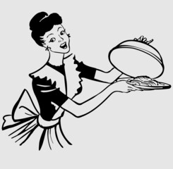 Retro waitress holding with meal and smile - 499771966