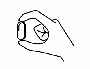 One pill in a hand doodle vector concept. Doctor hand is holding a pill with his fingers. Design elements for healthcare, medicine, pill reminder app, medical banners and posters.