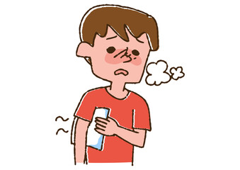 脇の下を冷やしている男の子　コミカルな手書きの人物　ベクター、線画にカラー