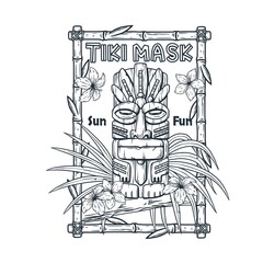 Tiki mask with tropical frame and leaves. Exotic background for summer hawaii surfing or beach tiki bar