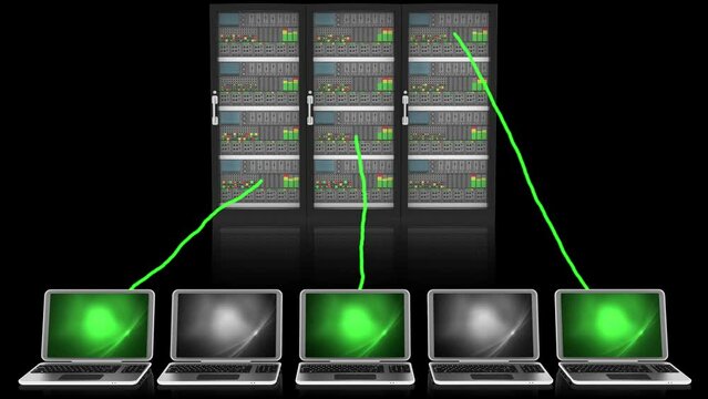 Animazione illustrazione 3D. Server computer dati.. Connessione e archiviazione dati computer, applicazioni..
