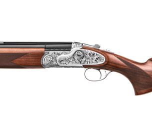 Luxury double-barreled shotgun with a vertical arrangement of barrels. Expensive weapon for...