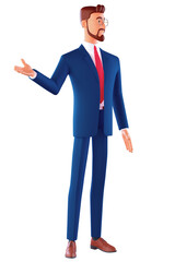 3d man. Smiling cute businessman brunette man in glasses wearing a blue suit, showing empty copy space on open hand palm for text. Side view. Minimal stylized art style. 3d render on white background.