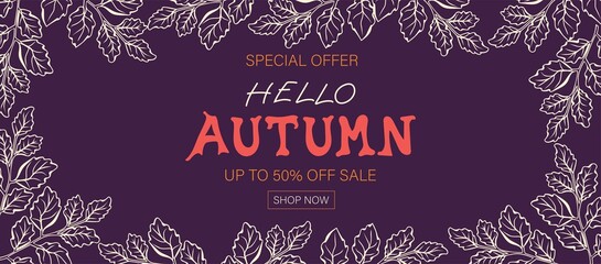 Fototapeta na wymiar Hello Autumn sale background with autumn leaves for advertising, banners, leaflets and flyers. Vector illustration.