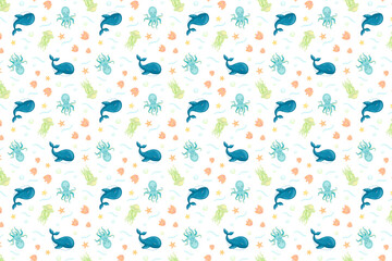 Baby blanket design ,whale, octopus, jellyfish, fish, stars. WWhite background.
