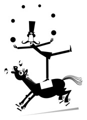 Equilibrist mustache man rides horse and juggles the balls. 
Funny long mustache man in the top hat balances on the horse and juggles the balls black on white background
