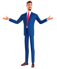 3d render successful smiling businessman, a professional seller cartoon character with open arms as a friendly welcome, positive and confident greetings. Smart advice concept isolated on white.