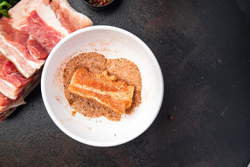 bacon belly meat piece meat fat lard fresh pork in spices fresh meal on the table copy space food background 