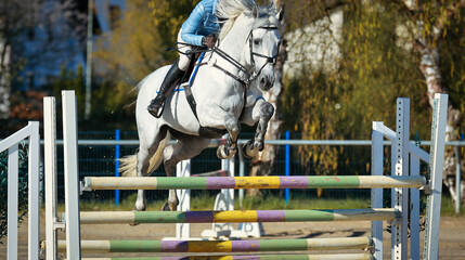 Jumping horse with rider in the flight phase over the triple bar..